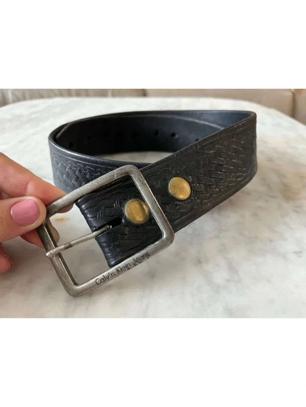 Calvin Klein Jeans Unisex Black Leather Belt Metal Logo Buckle Vintage small
